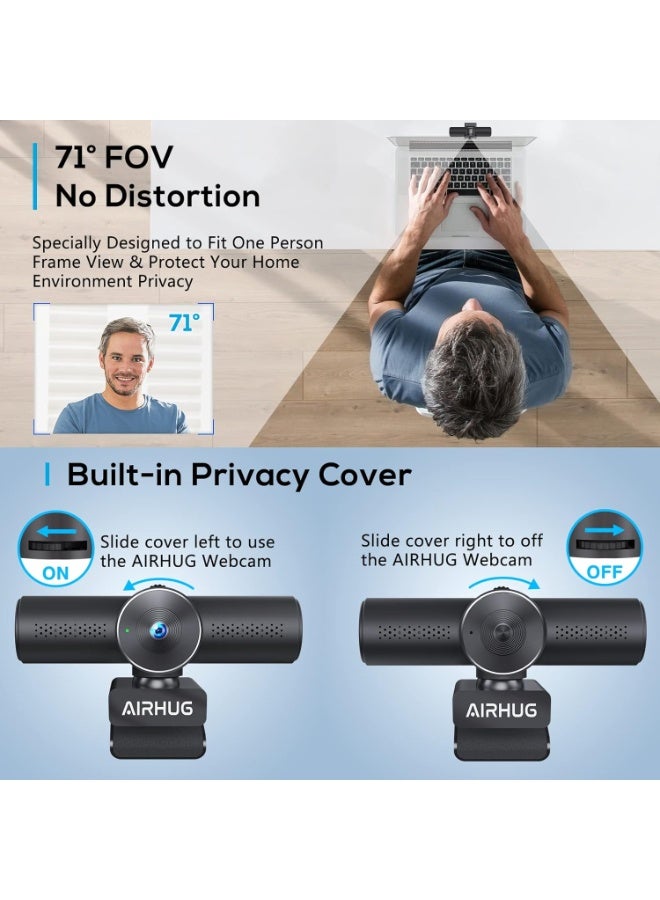 AIRHUG 2K Webcam with Noise Canceling Microphones, USB Web Cam for Computer and Laptop Plug & Play, Web Camera with Privacy Cover, 71°Wide-Angle,for Streaming and Conferencing,Compatible Skype Zoom YouTube - Image 2